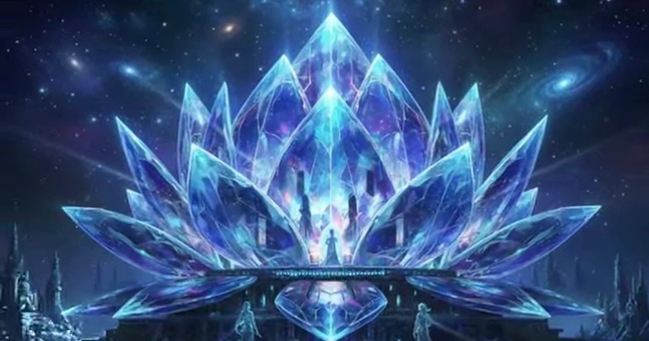 Luminous crystal lotus beneath a star-filled sky