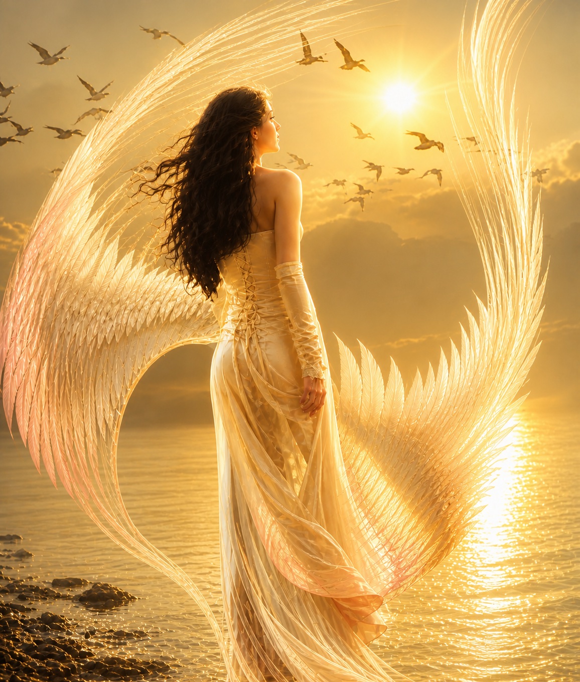 Golden angel walking toward radiant light