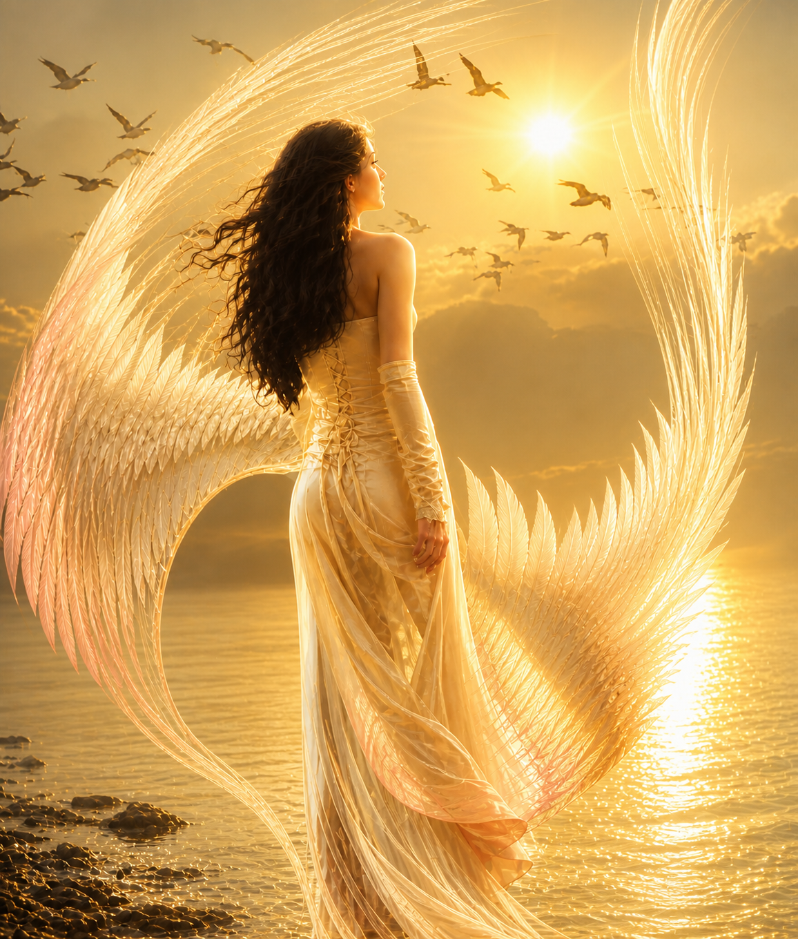 Golden angel walking toward radiant light