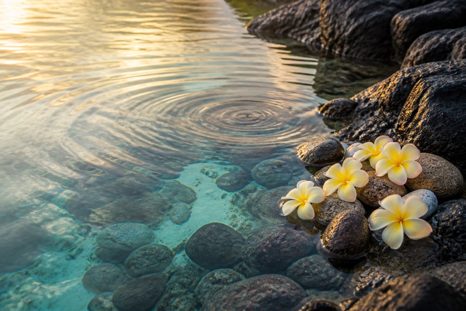 Plumeria blossoms beside a clear tide pool at sunrise
