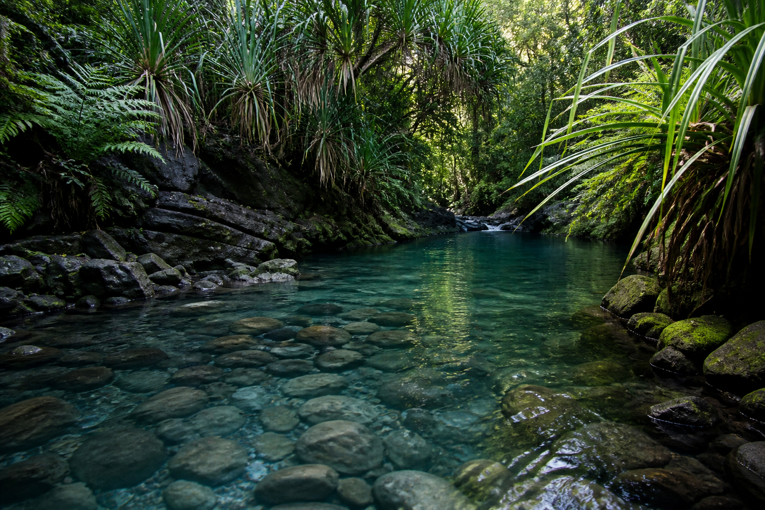 Clear freshwater flowing through a shaded pool in Hā‘ena
